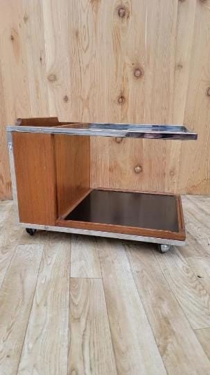 Mid Century Modern Chrome Trimmed Wood with Glass-Top Magazine Trolly on Casters - 2