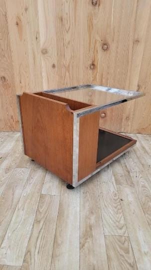 Mid Century Modern Chrome Trimmed Wood with Glass-Top Magazine Trolly on Casters - 4