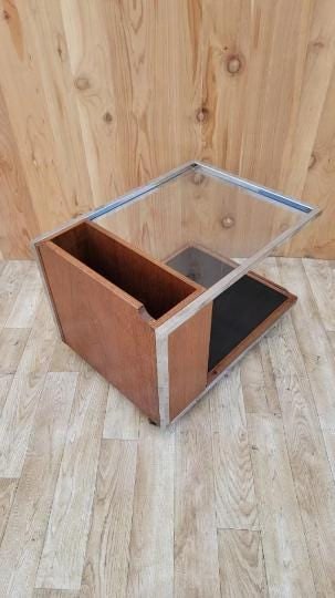 Mid Century Modern Chrome Trimmed Wood with Glass-Top Magazine Trolly on Casters - 5