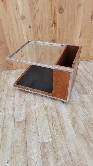 Mid Century Modern Chrome Trimmed Wood with Glass-Top Magazine Trolly on Casters - 6