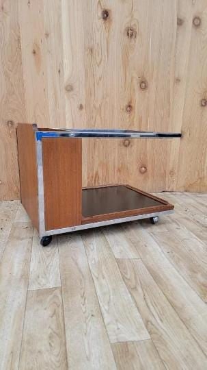 Mid Century Modern Chrome Trimmed Wood with Glass-Top Magazine Trolly on Casters - 7