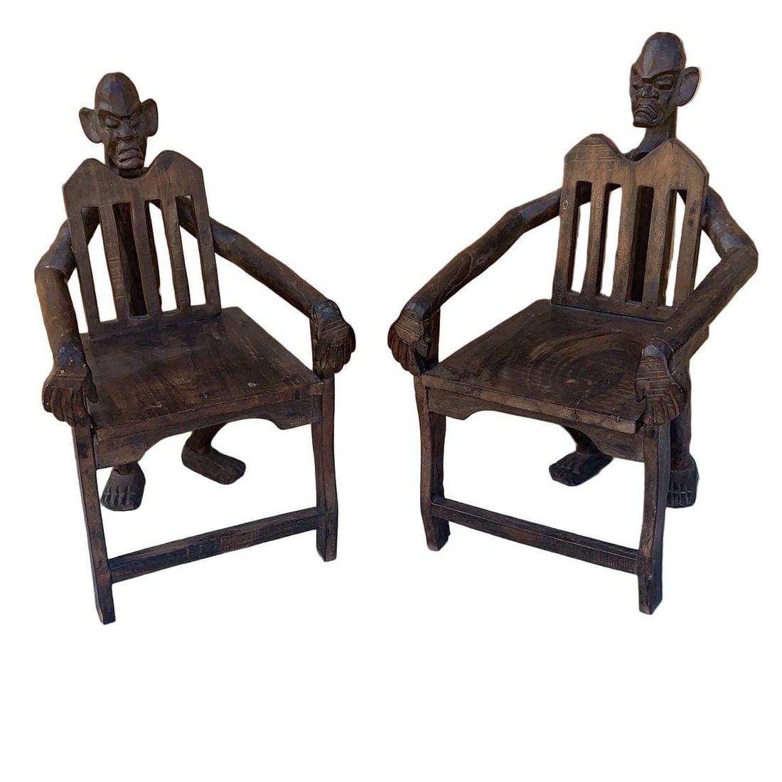 Antique African Figural Carved Armchairs - Set of 2 (1 of 10)