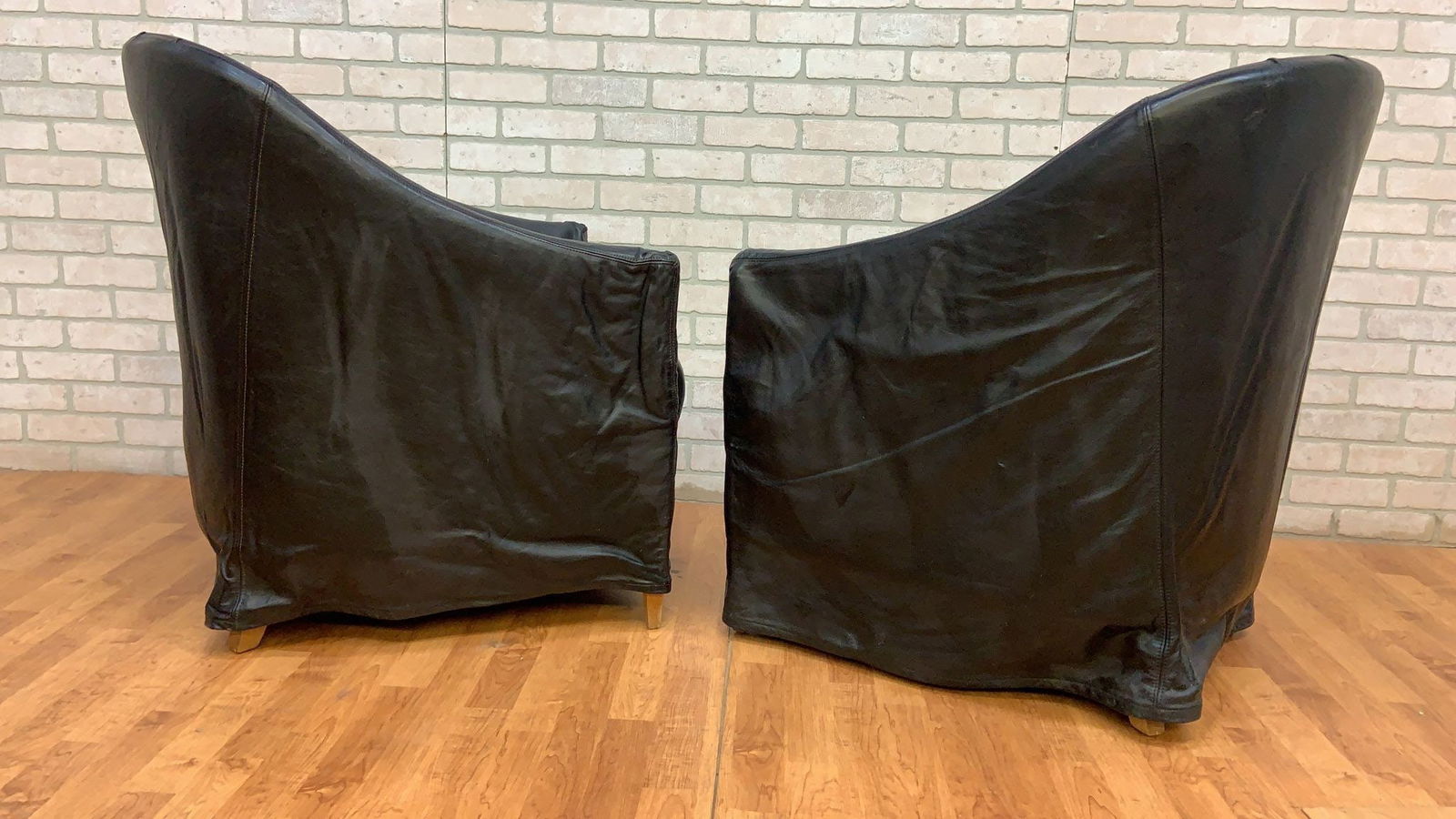 Vintage Black Italian Draped Leather Barrel Back Club Chairs by Neidermier - Pair - 4
