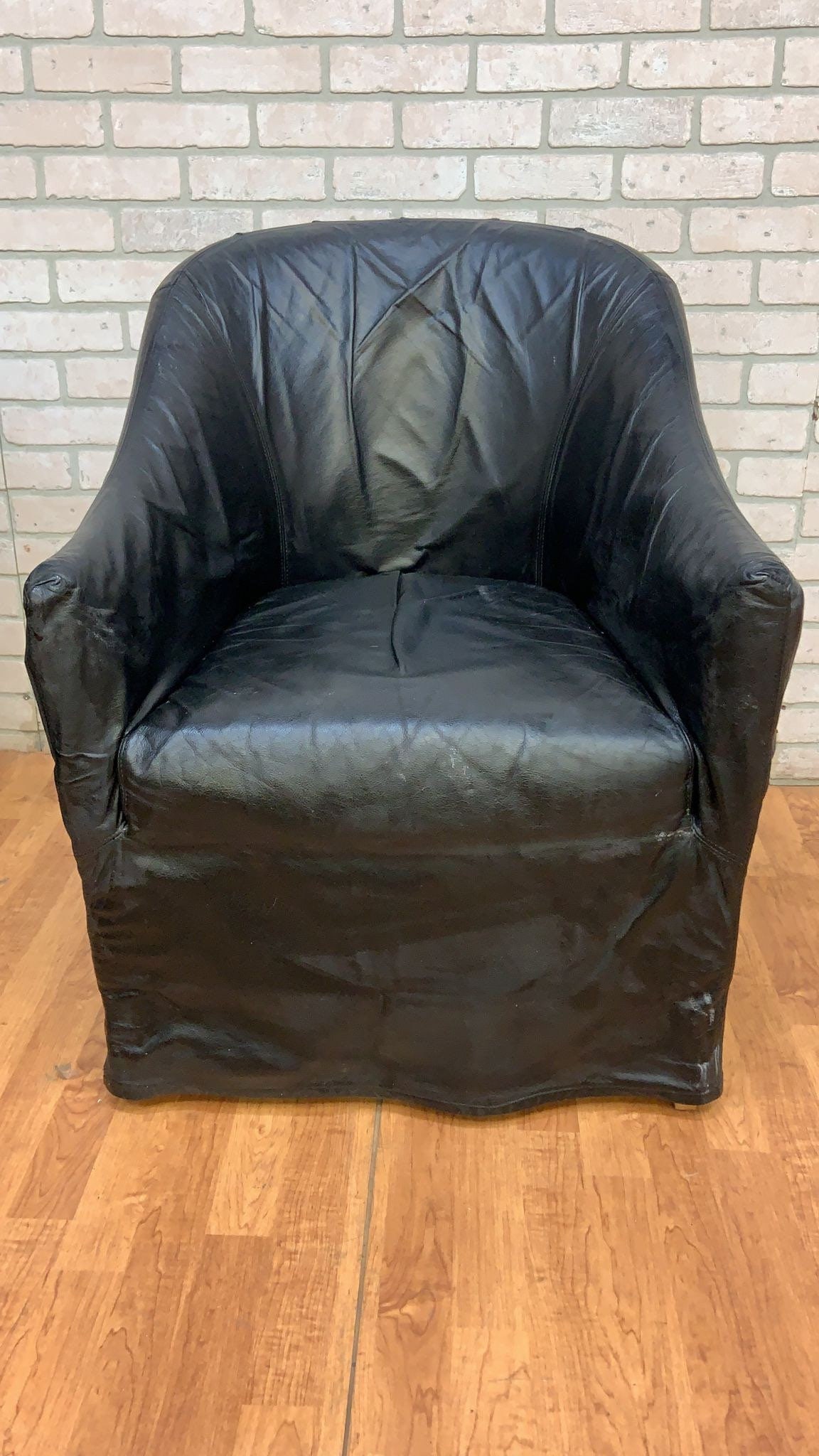 Vintage Black Italian Draped Leather Barrel Back Club Chairs by Neidermier - Pair - 6