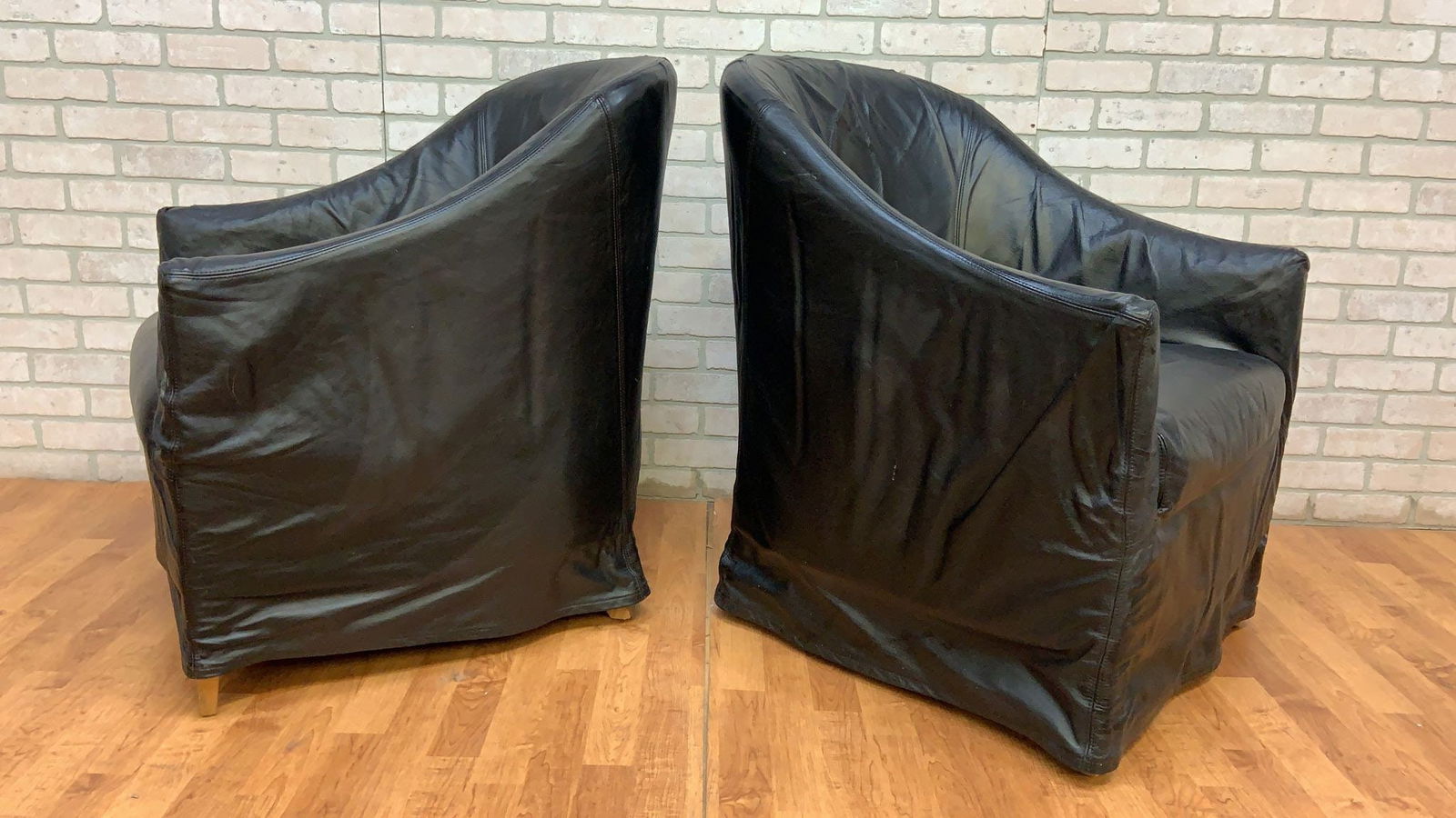 Vintage Black Italian Draped Leather Barrel Back Club Chairs by Neidermier - Pair - 7