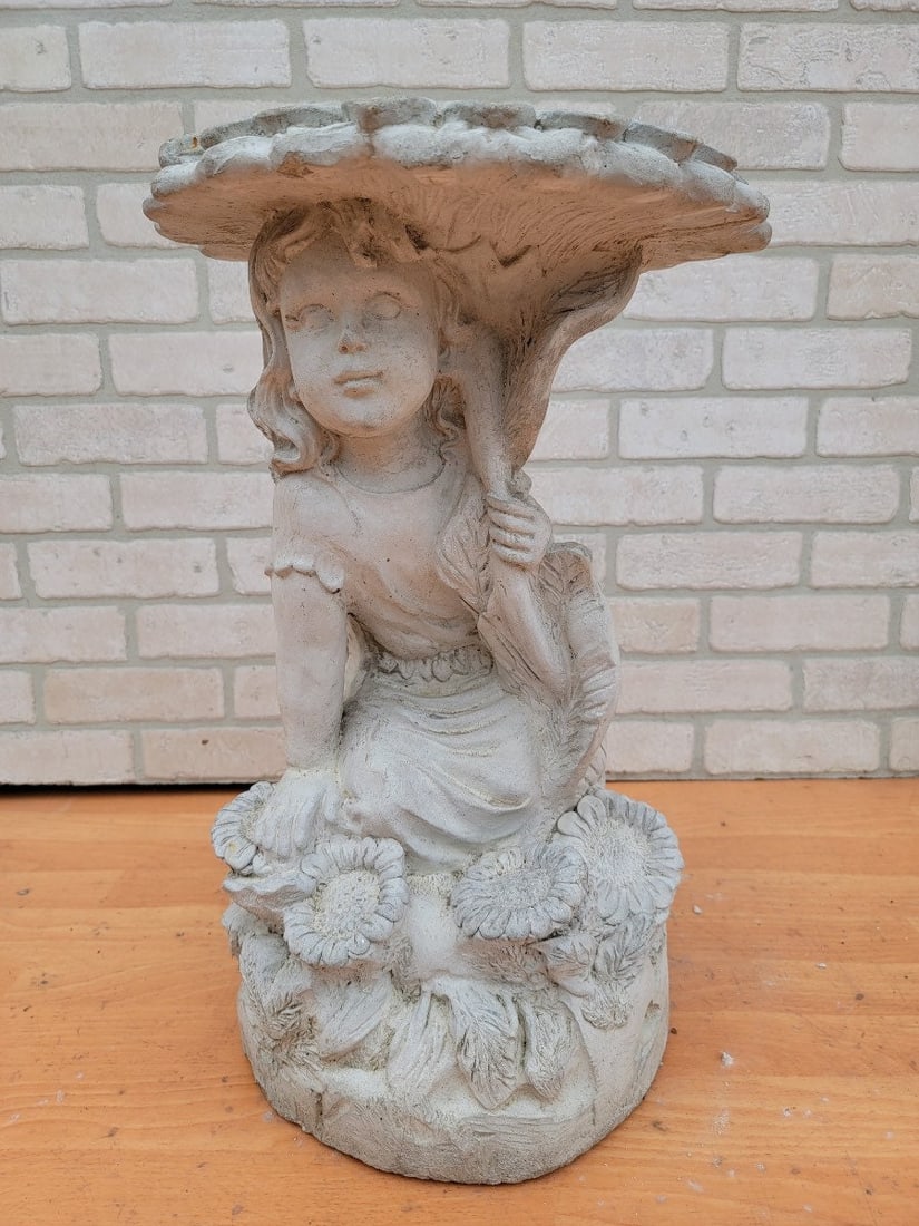 Vintage Hiding Angel Girl Under Sunflower Birdbath - 2