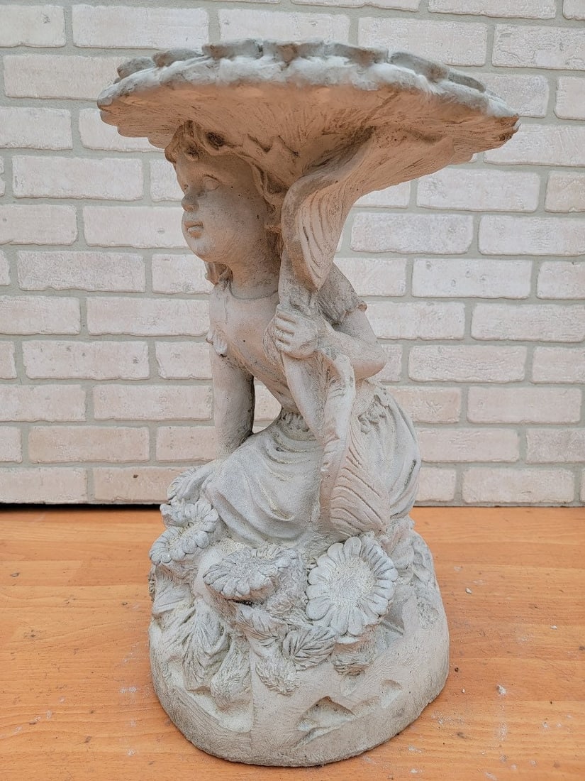 Vintage Hiding Angel Girl Under Sunflower Birdbath - 3