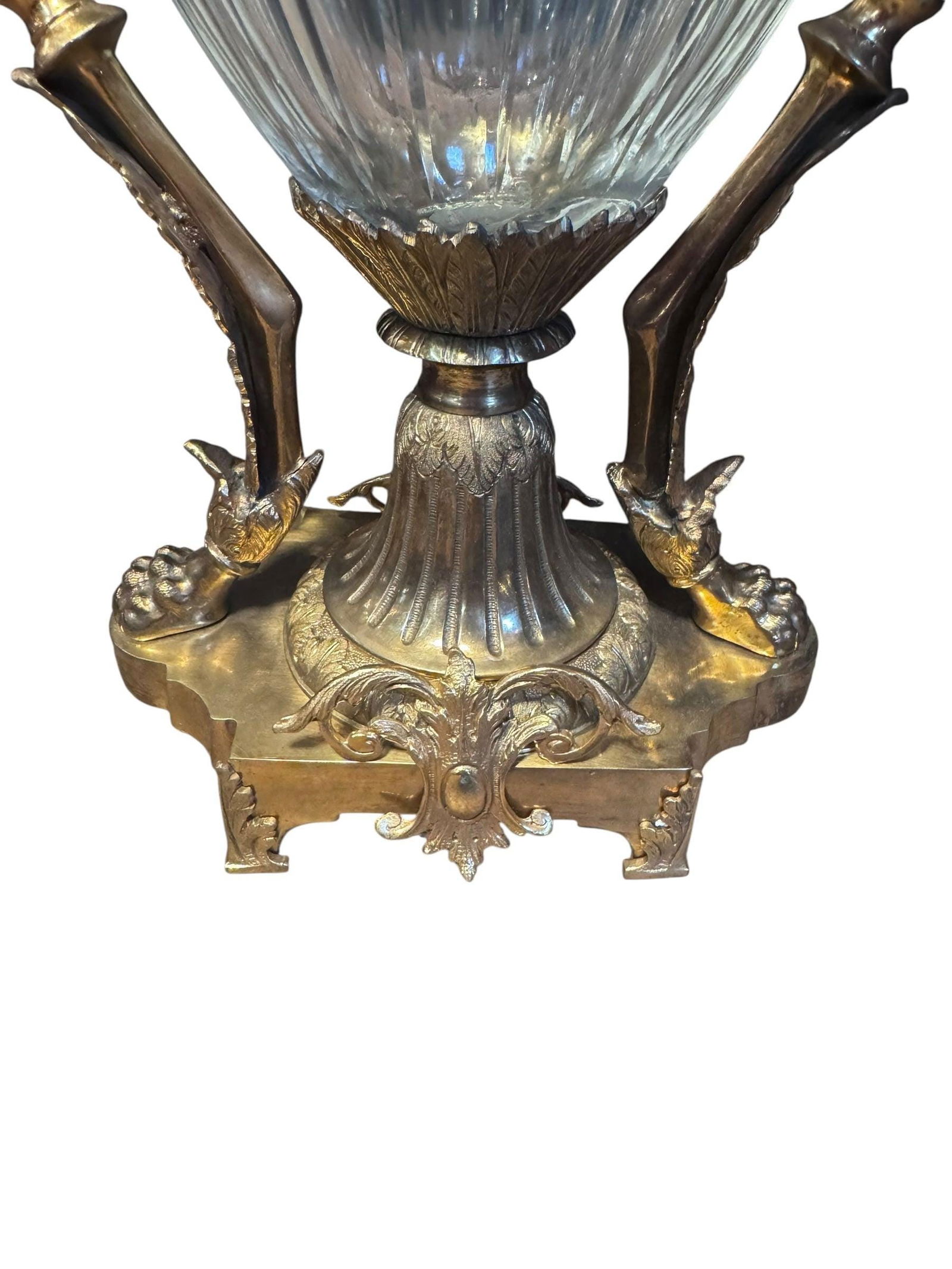 Antique French Gilt Bronze Diamond Cut Baccarat Crystal Urns Signed - Pair - 10