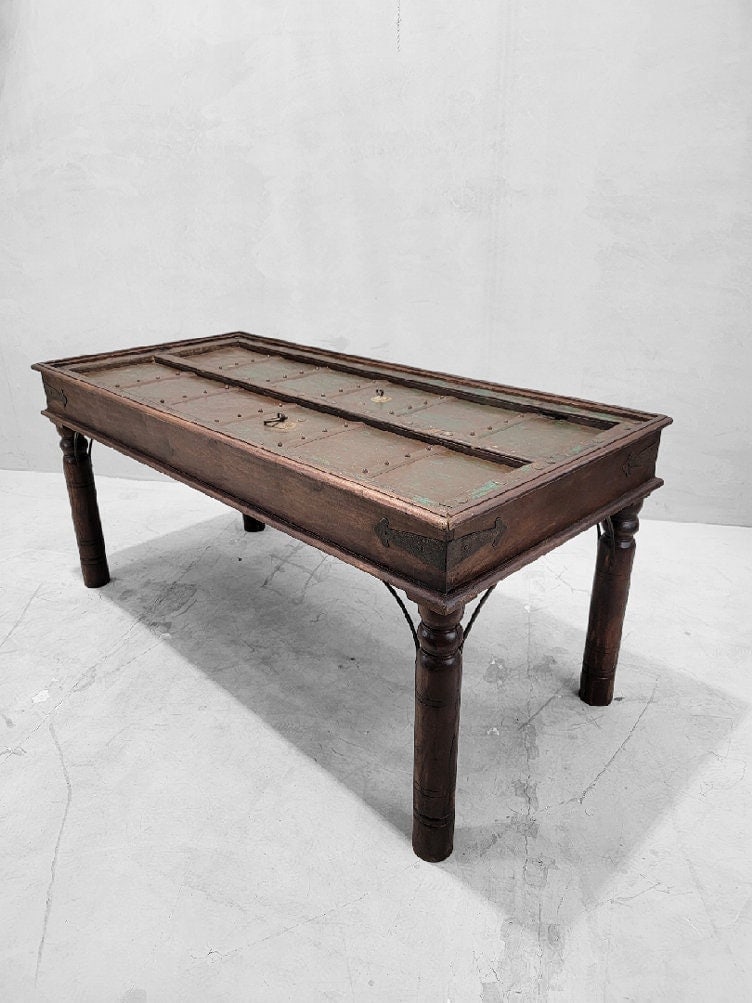 Antique Shamsee Wood & Iron Glass-Top Dining Table Constructed from Indian Monastery Door - 2