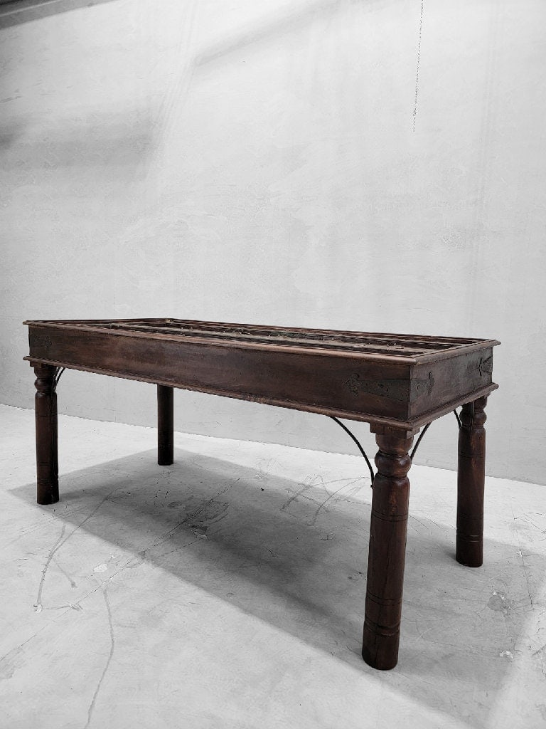 Antique Shamsee Wood & Iron Glass-Top Dining Table Constructed from Indian Monastery Door - 3