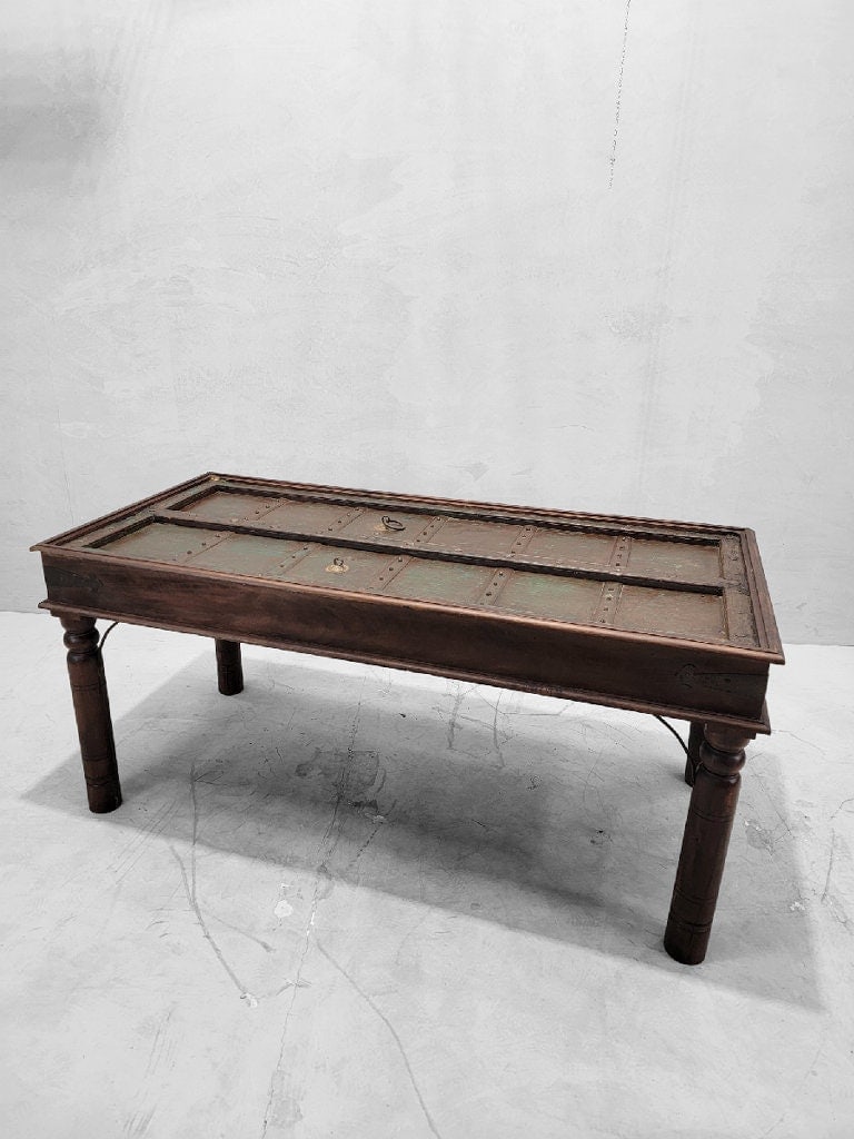 Antique Shamsee Wood & Iron Glass-Top Dining Table Constructed from Indian Monastery Door - 4