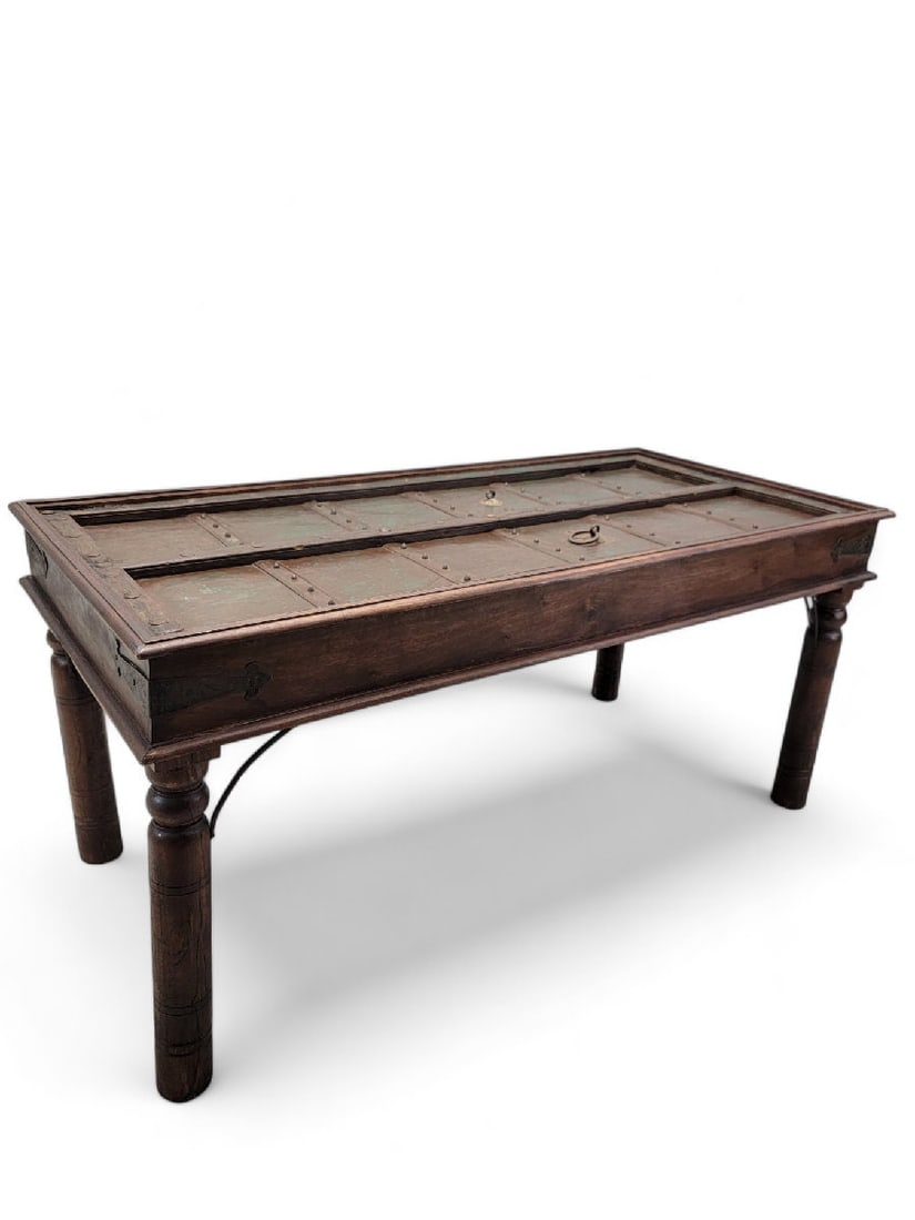 Antique Shamsee Wood & Iron Glass-Top Dining Table Constructed from Indian Monastery Door - 5