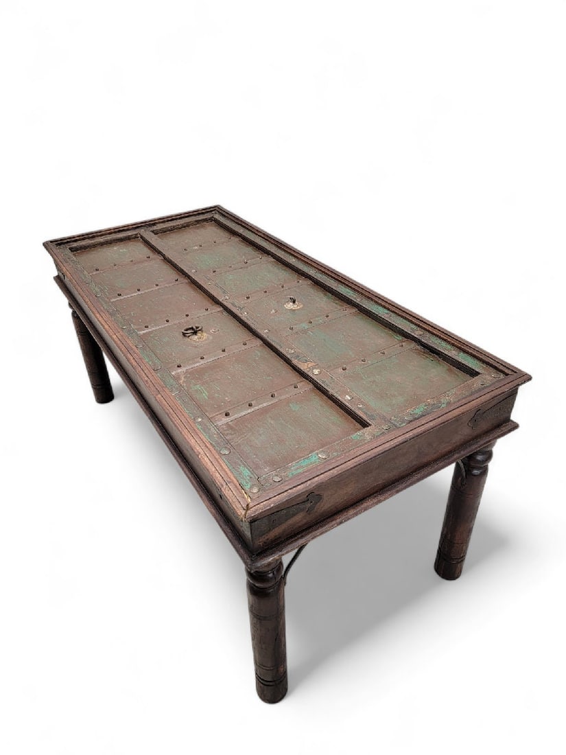Antique Shamsee Wood & Iron Glass-Top Dining Table Constructed from Indian Monastery Door - 6
