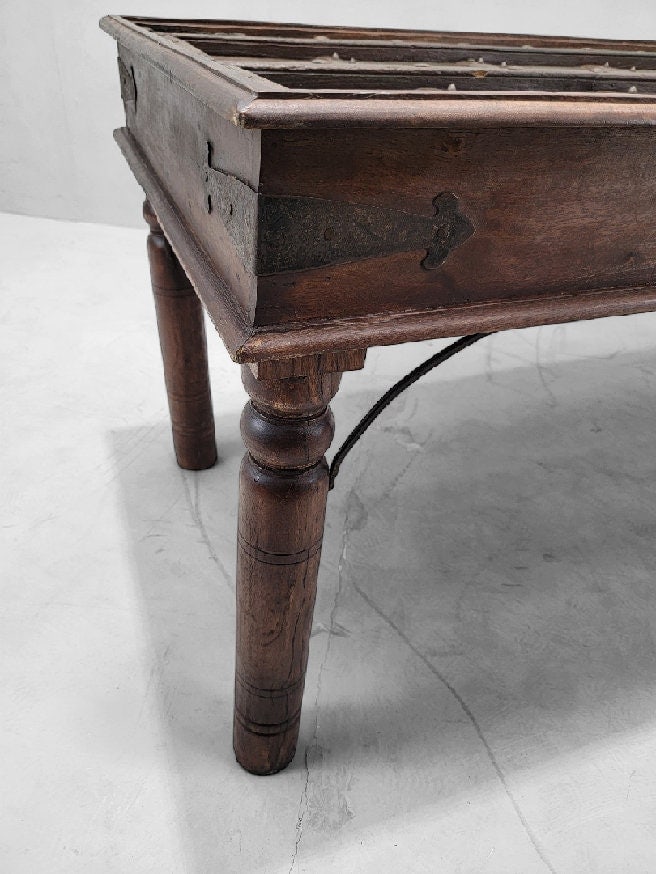 Antique Shamsee Wood & Iron Glass-Top Dining Table Constructed from Indian Monastery Door - 7