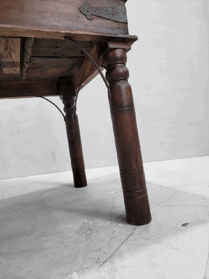 Antique Shamsee Wood & Iron Glass-Top Dining Table Constructed from Indian Monastery Door - 8
