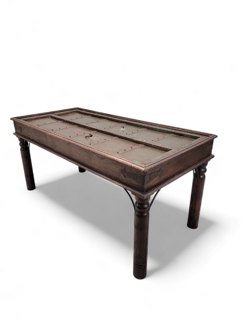 Antique Shamsee Wood & Iron Glass-Top Dining Table Constructed from Indian Monastery Door - 9
