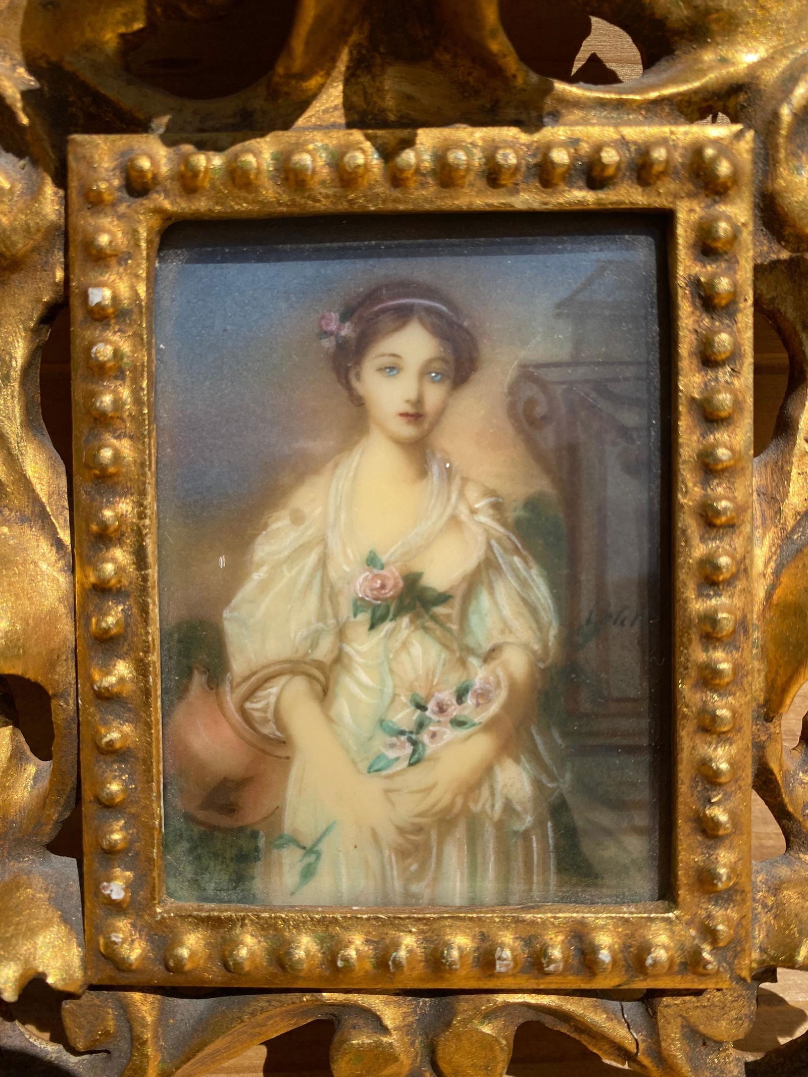Antique Victorian Portrait Miniature – Hand-Painted Porcelain, Gilt Wood Frame (Set of 2) - 2
