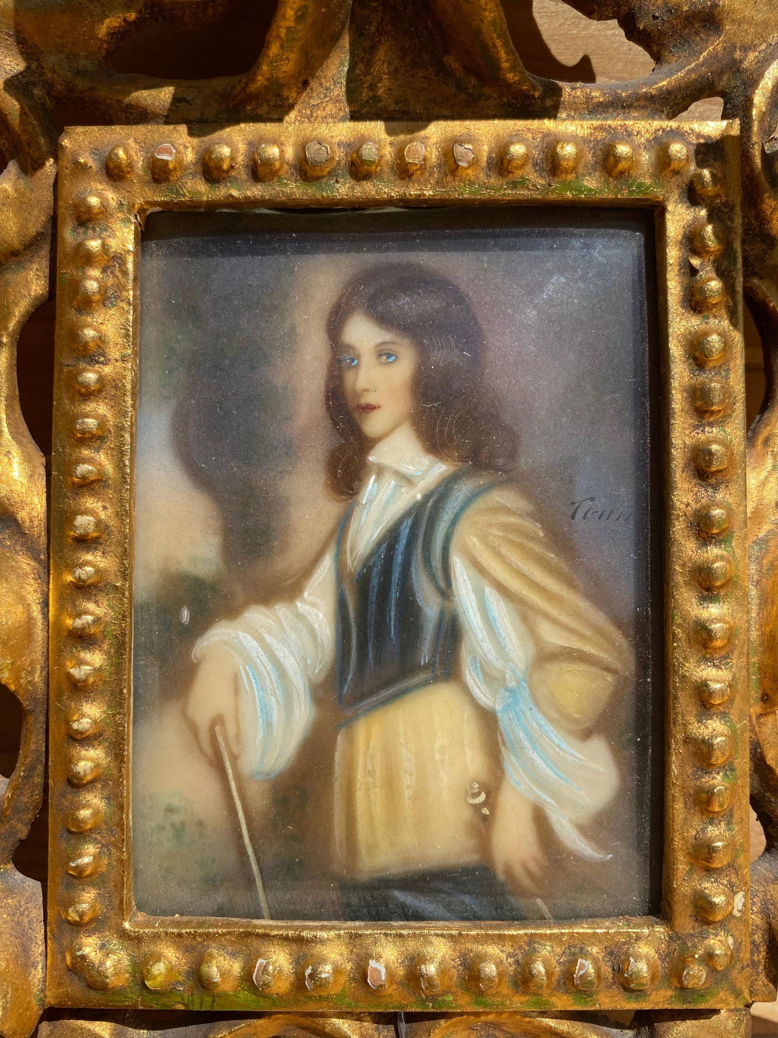 Antique Victorian Portrait Miniature – Hand-Painted Porcelain, Gilt Wood Frame (Set of 2) - 3