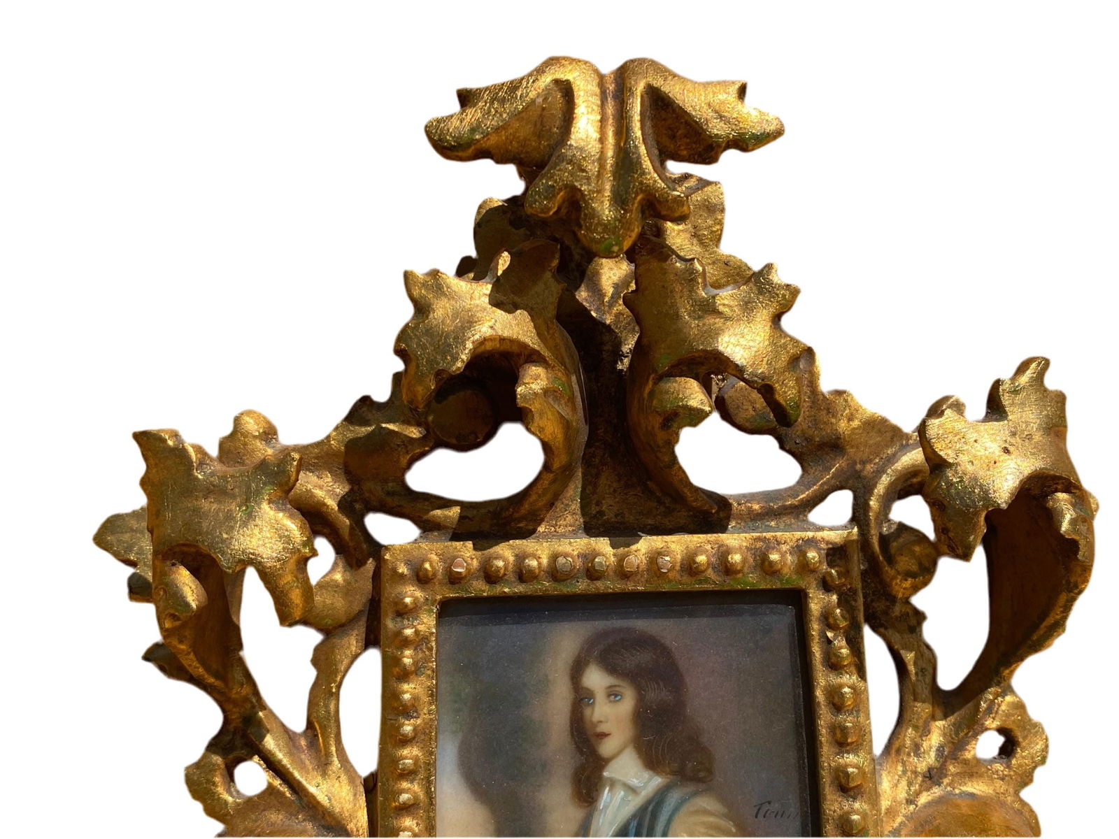Antique Victorian Portrait Miniature – Hand-Painted Porcelain, Gilt Wood Frame (Set of 2) - 7