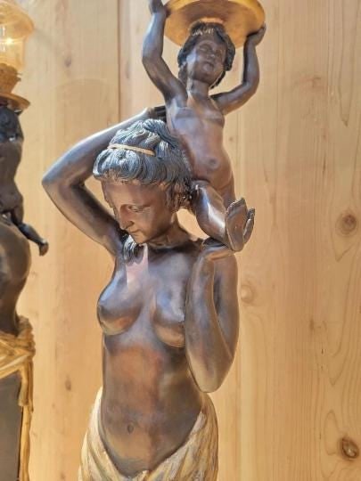 Antique French Bronze Figural Electrified Torchiere Lamps - Pair - 7