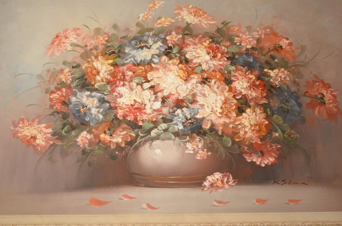 Vintage Floral Still Life Oil Painting in White Ornate Carved Frame - 3