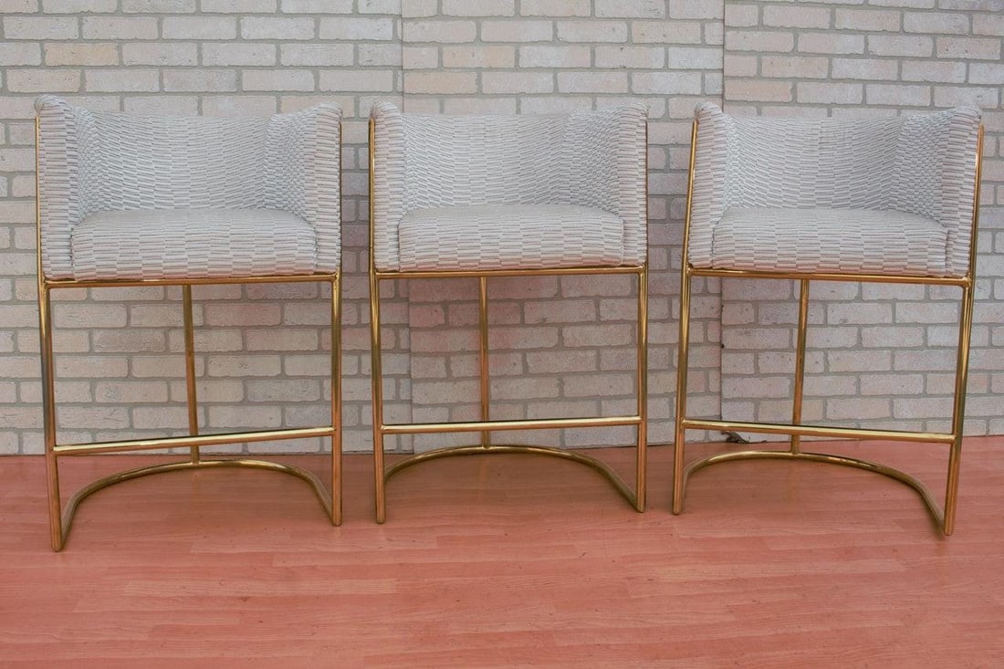 Mid Century Modern Custom Designer Barrel Back Bar Stools Newly Reupholstered - Set of 3 - 3
