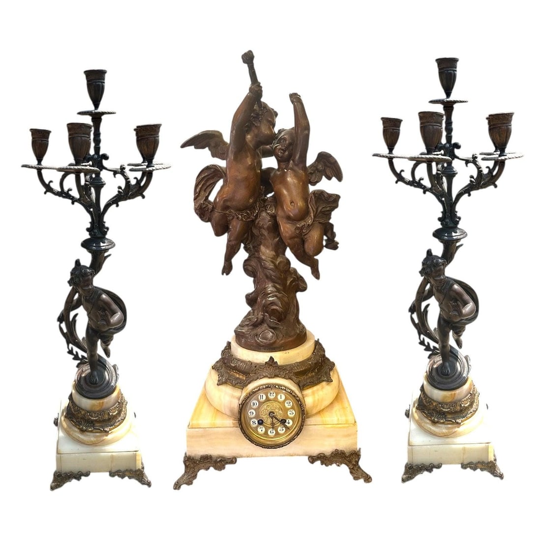 Antique French Louis XVI Style Albert Ernest Carrier Belleuse Figural Clock and 2 Candelabras - (1 of 8)