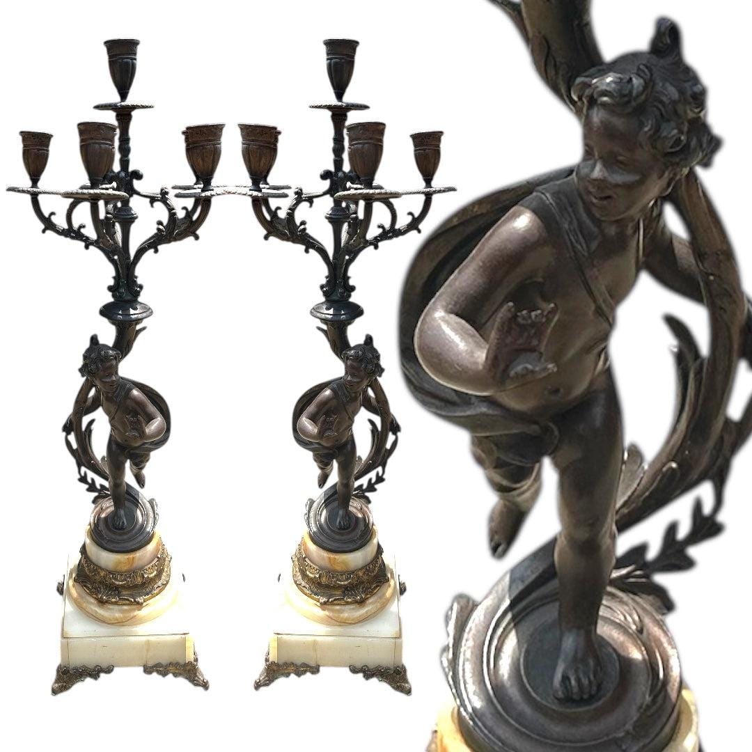 Antique French Louis XVI Style Albert Ernest Carrier Belleuse Figural Clock and 2 Candelabras - - 2