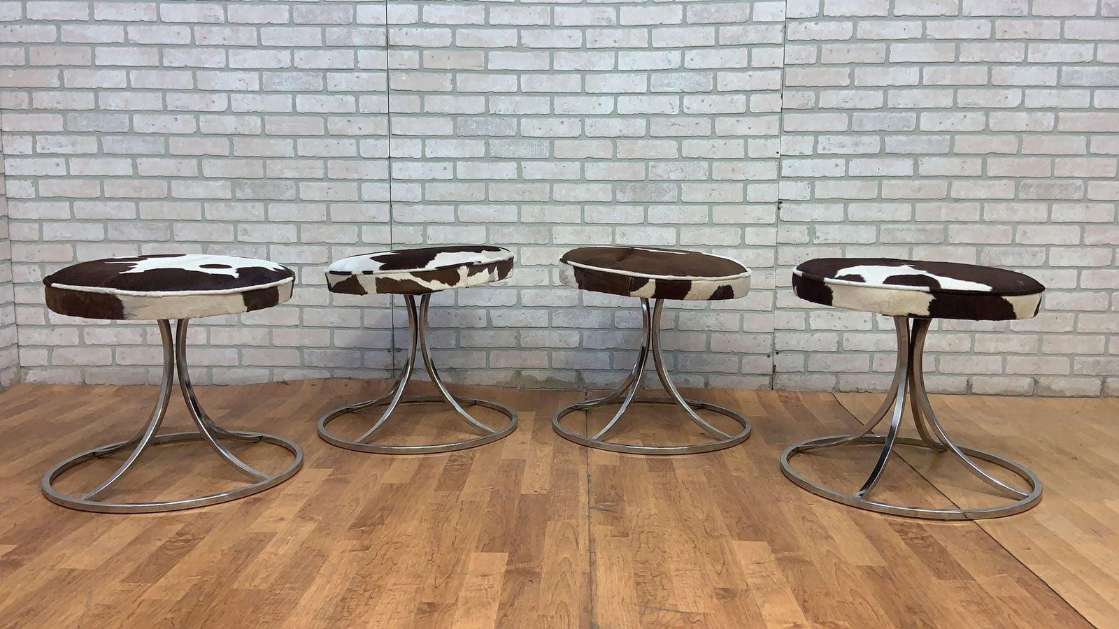 Mid Century Modern Avard Style Swivel Base Stools Newly Upholstered in Cowhide - Set of 4 - 2