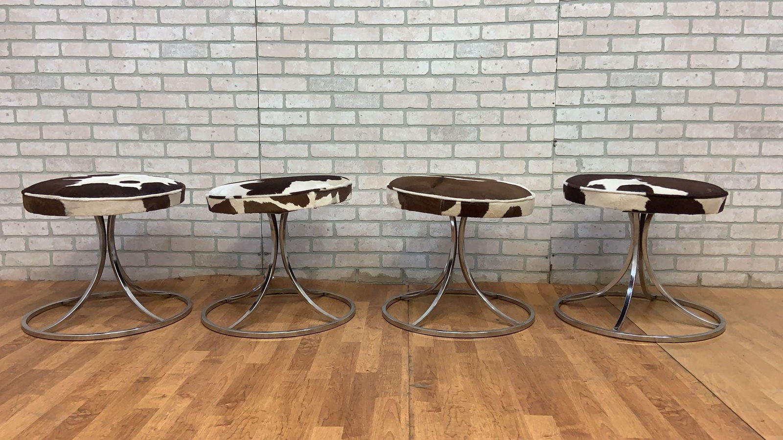 Mid Century Modern Avard Style Swivel Base Stools Newly Upholstered in Cowhide - Set of 4 - 3