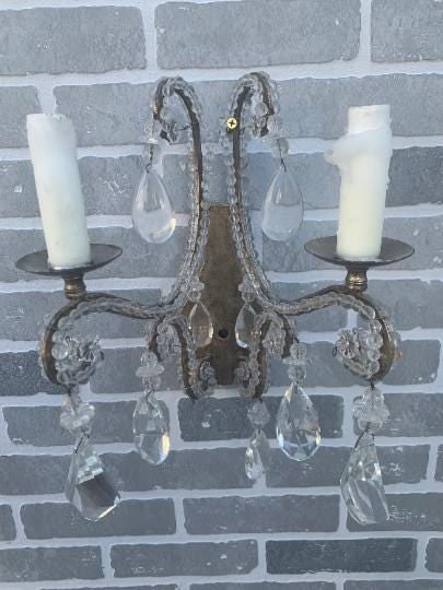 Vintage Louis Style Dennis and Leen Lead Crystal Gold Beaded Sconces - Pair - 2