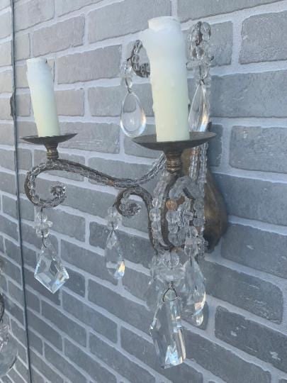 Vintage Louis Style Dennis and Leen Lead Crystal Gold Beaded Sconces - Pair - 8
