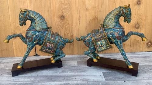 Vintage Chinese Cloisonné War Horse Sculptures on Mahogany Base - Pair - 2