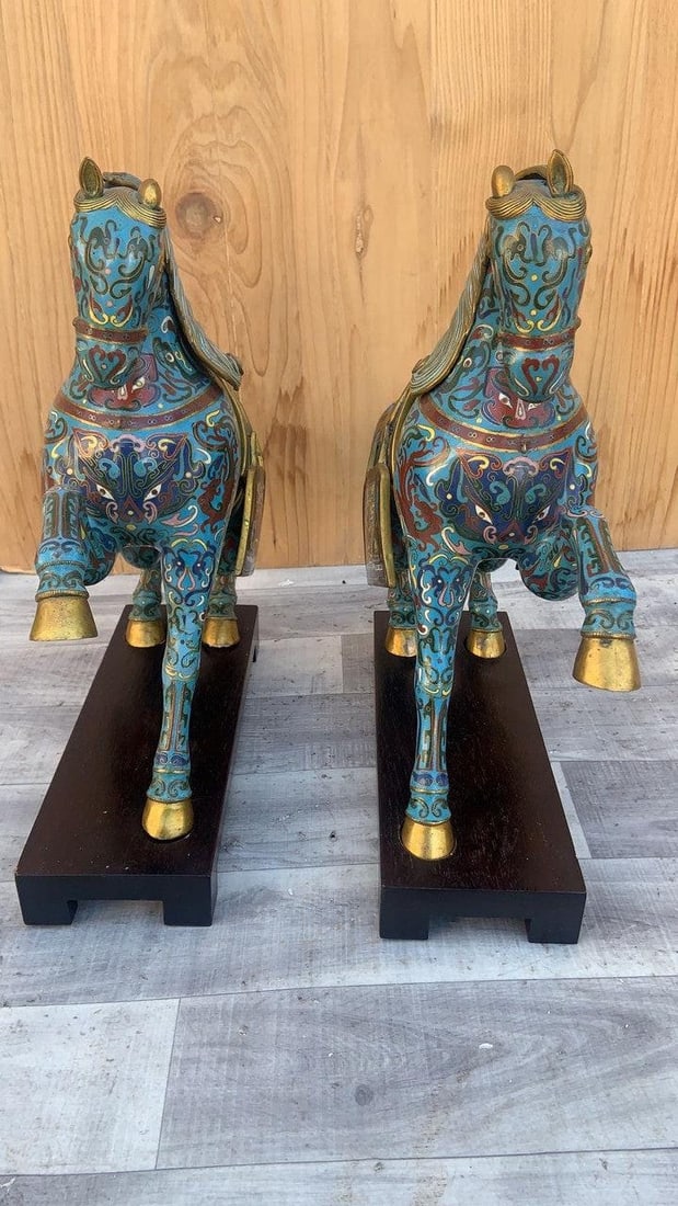 Vintage Chinese Cloisonné War Horse Sculptures on Mahogany Base - Pair - 4