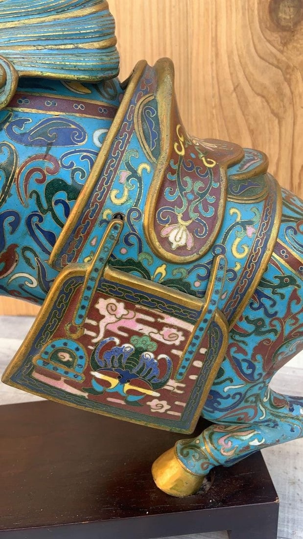 Vintage Chinese Cloisonné War Horse Sculptures on Mahogany Base - Pair - 6