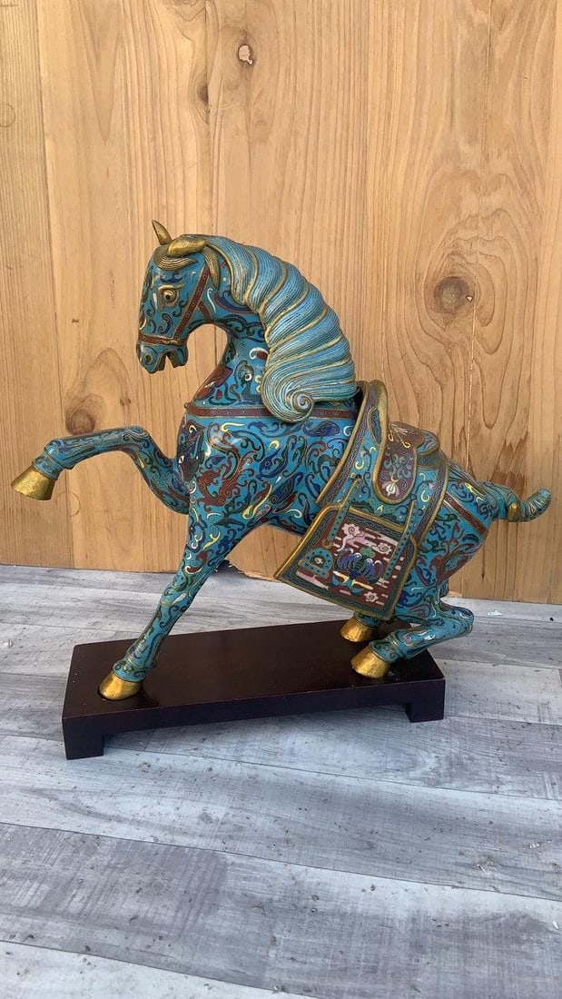 Vintage Chinese Cloisonné War Horse Sculptures on Mahogany Base - Pair - 7