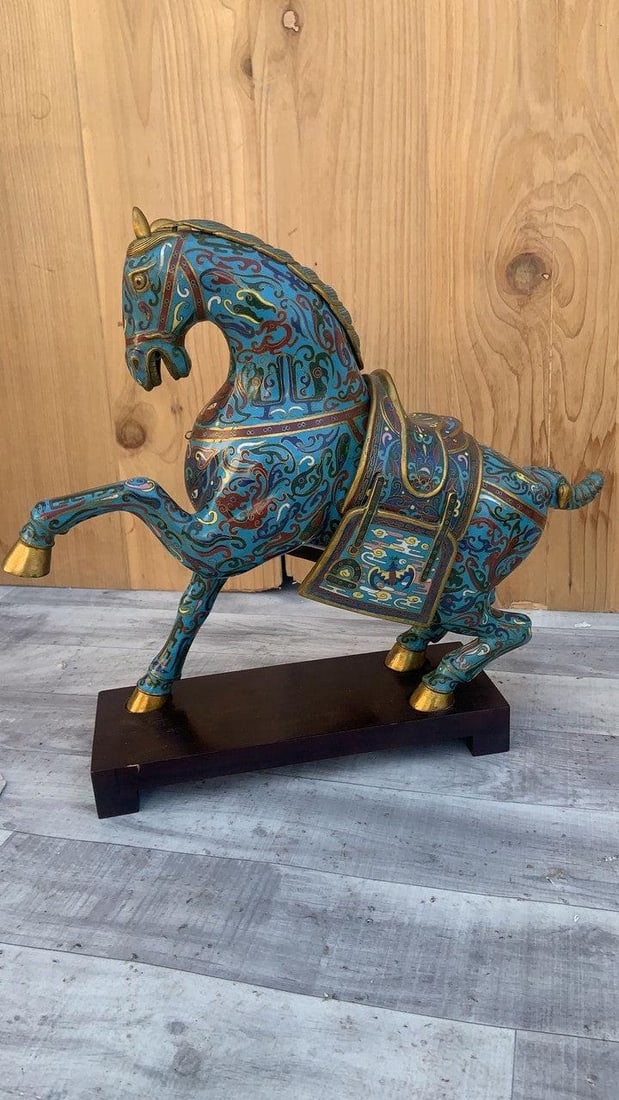 Vintage Chinese Cloisonné War Horse Sculptures on Mahogany Base - Pair - 8