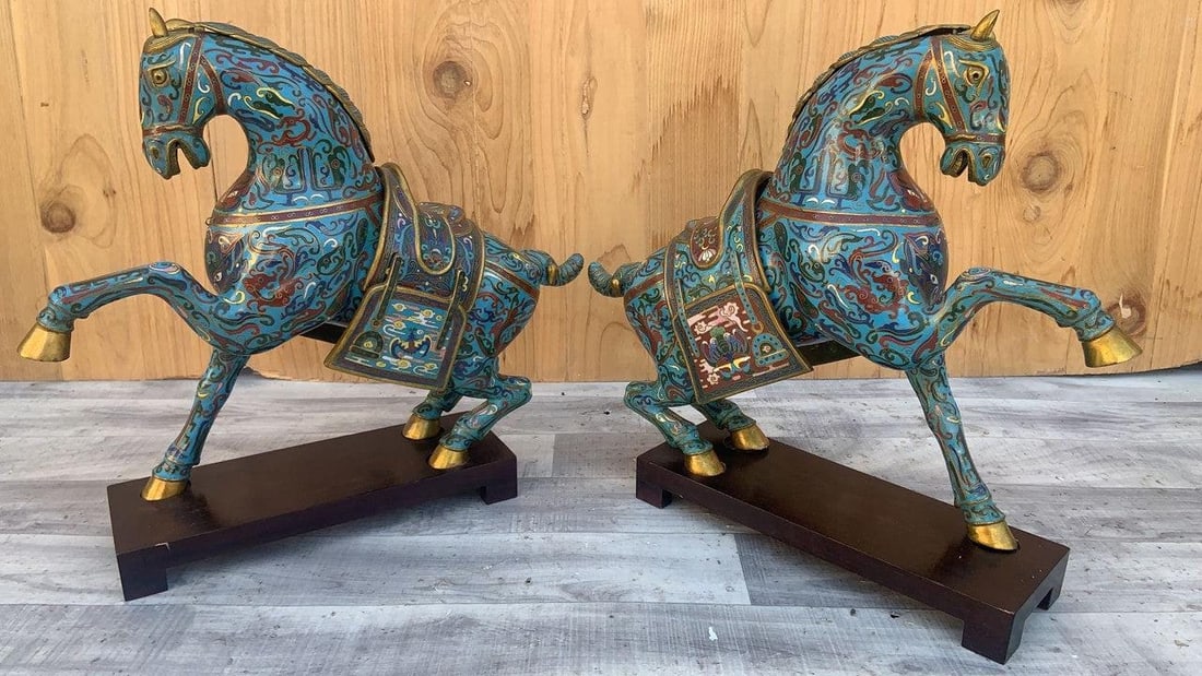 Vintage Chinese Cloisonné War Horse Sculptures on Mahogany Base - Pair - 9