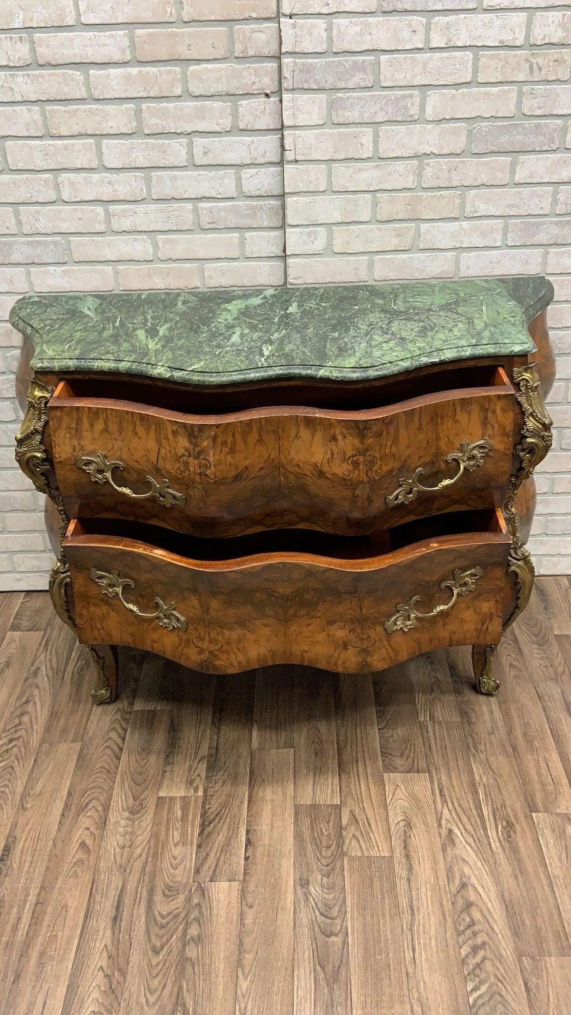 Vintage French Louis XV Style Bombe Commode Chest with Green Marble Style Top - 10