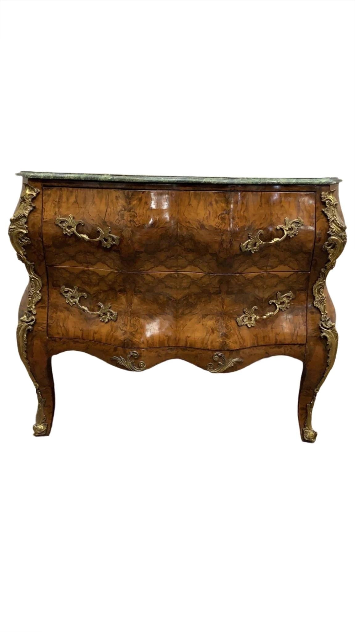 Vintage French Louis XV Style Bombe Commode Chest with Green Marble Style Top (1 of 10)
