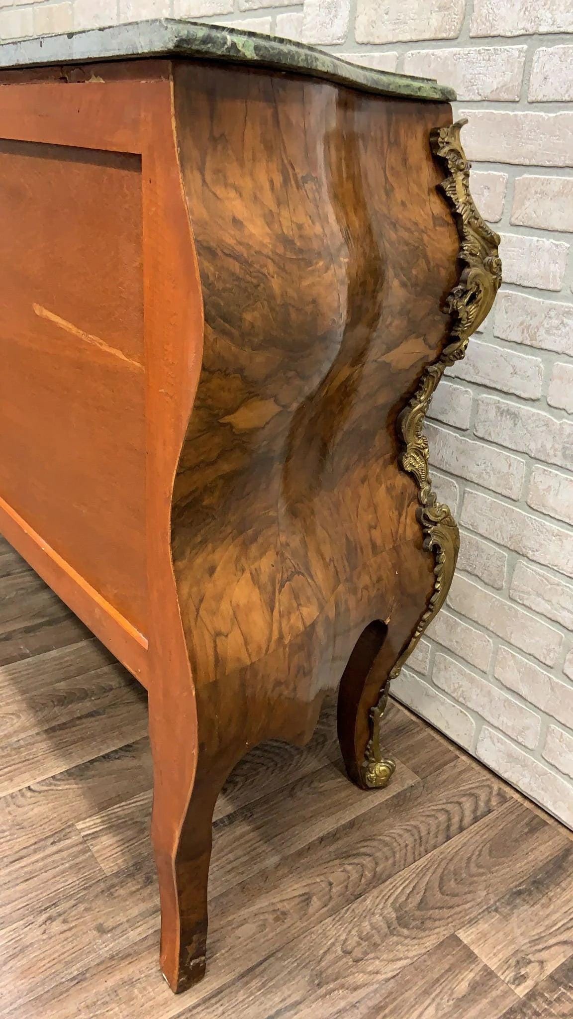 Vintage French Louis XV Style Bombe Commode Chest with Green Marble Style Top - 4