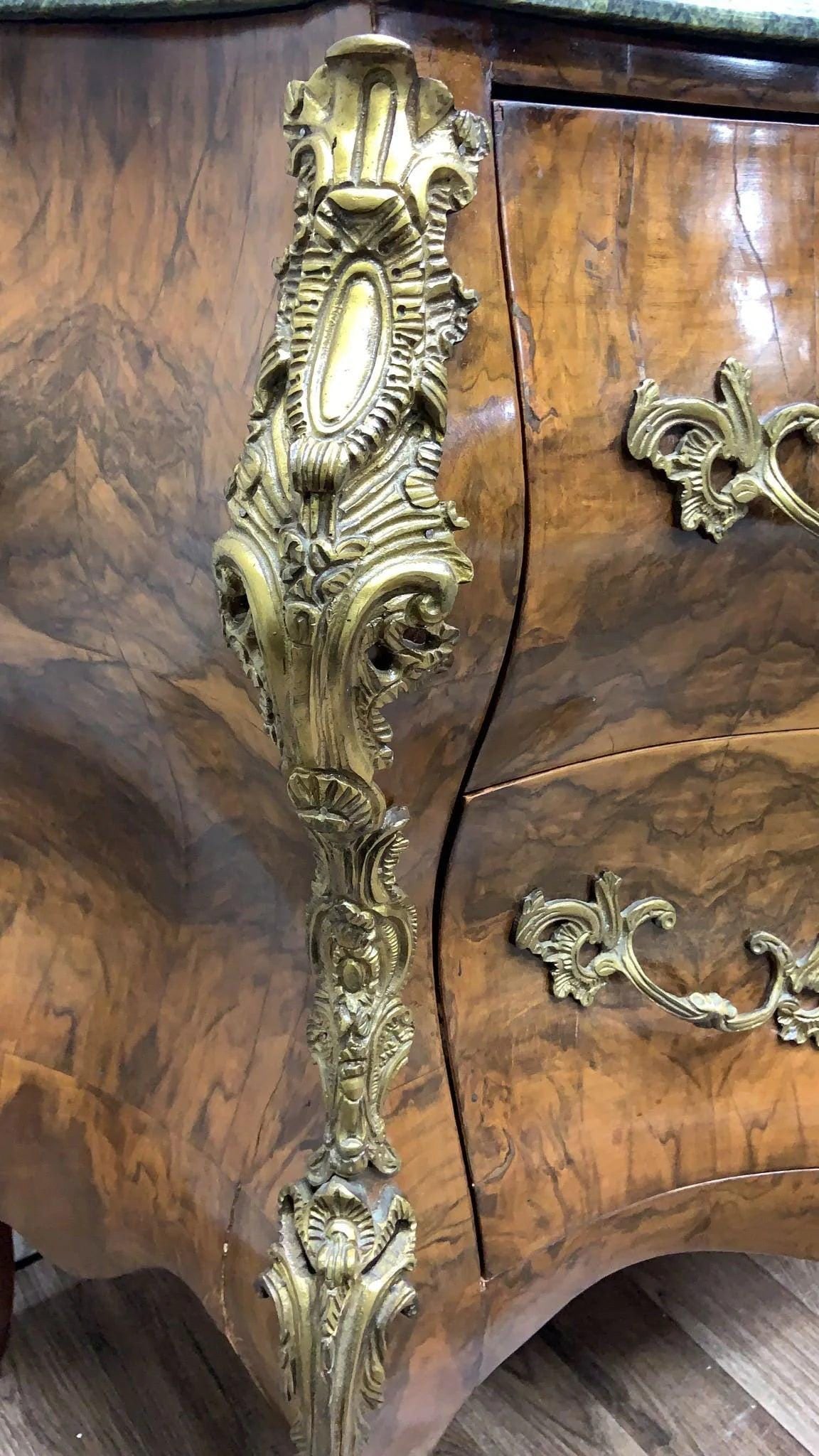 Vintage French Louis XV Style Bombe Commode Chest with Green Marble Style Top - 6