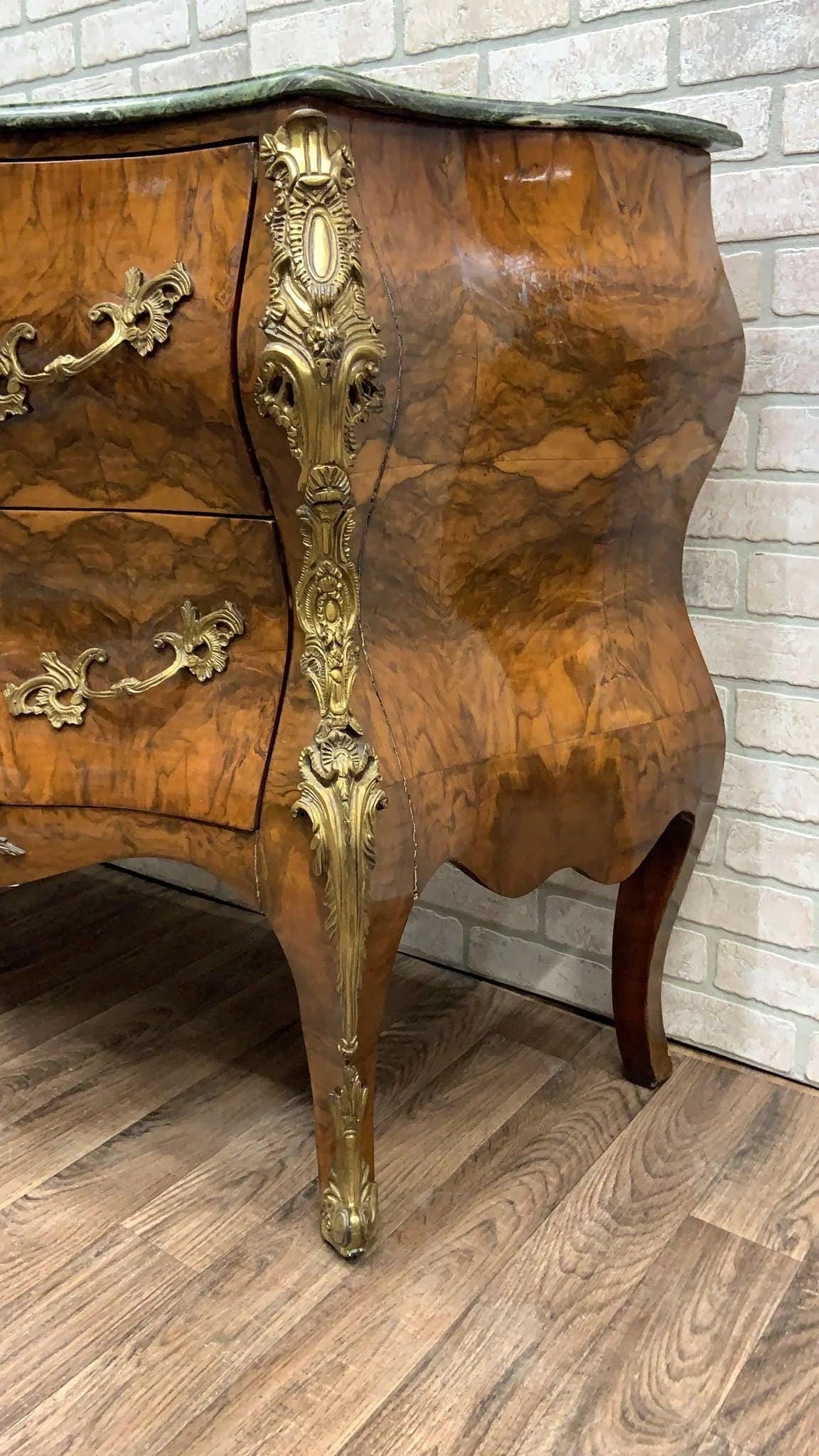 Vintage French Louis XV Style Bombe Commode Chest with Green Marble Style Top - 7