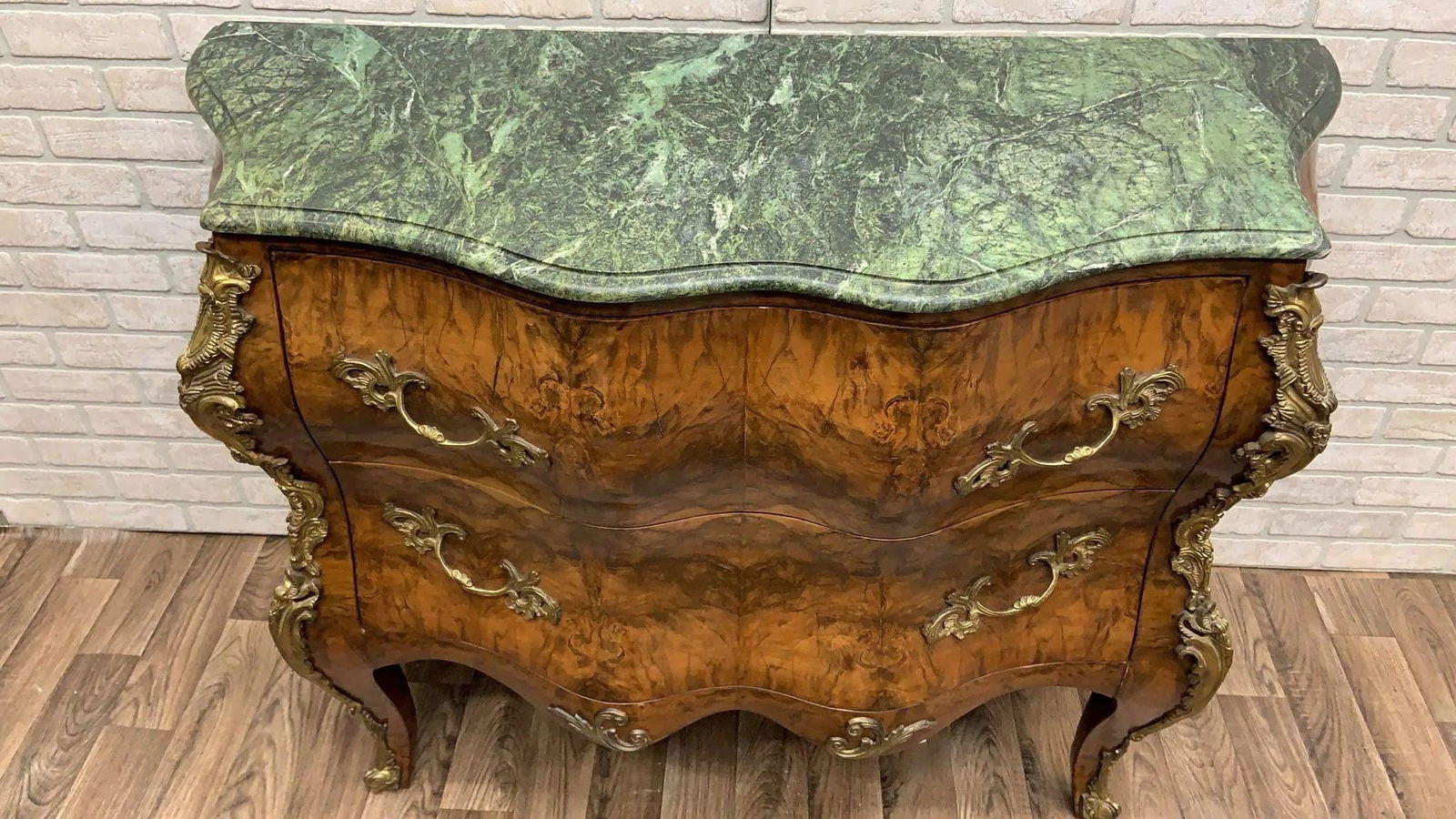 Vintage French Louis XV Style Bombe Commode Chest with Green Marble Style Top - 8