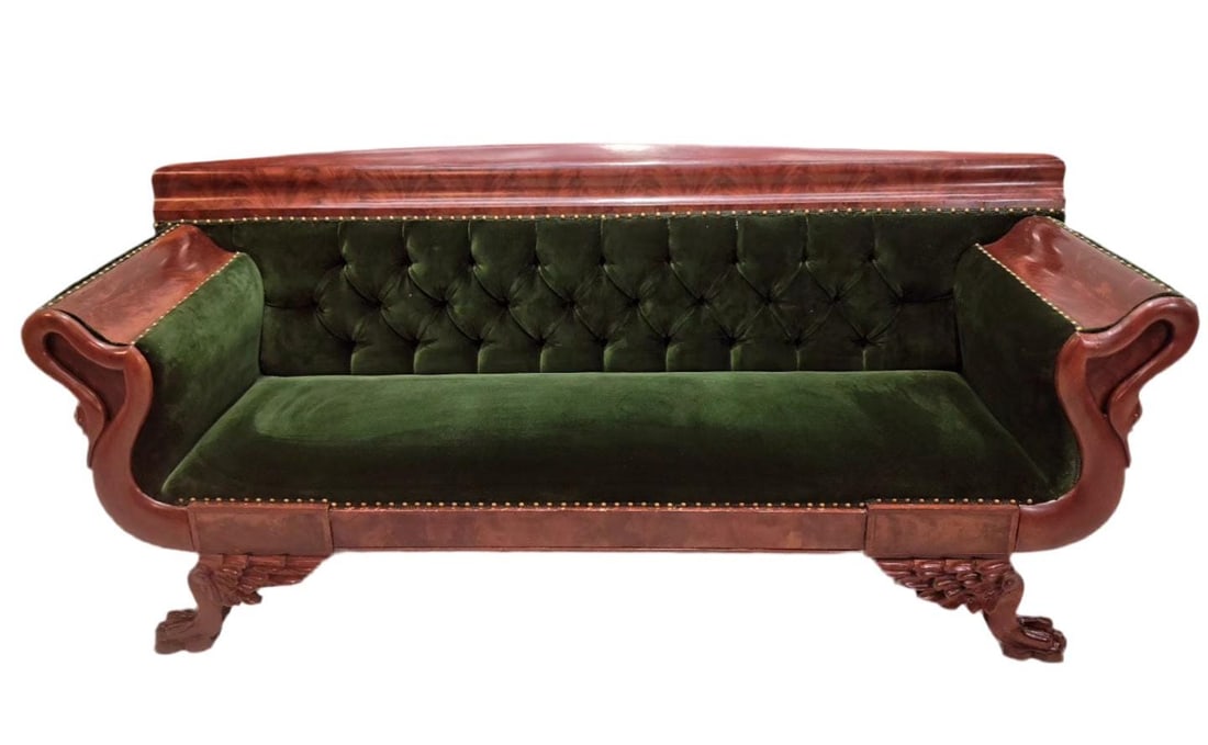 Antique Empire Style Swan Grecian Sofa Newly Reupholstered in a Green Velvet (1 of 9)
