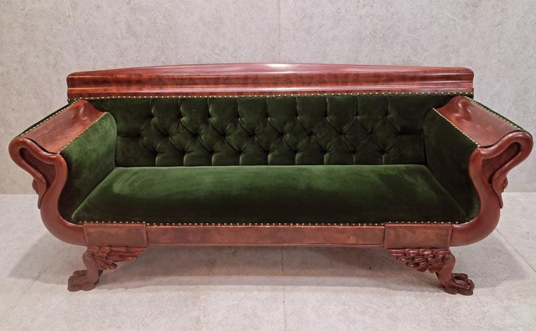 Antique Empire Style Swan Grecian Sofa Newly Reupholstered in a Green Velvet - 2