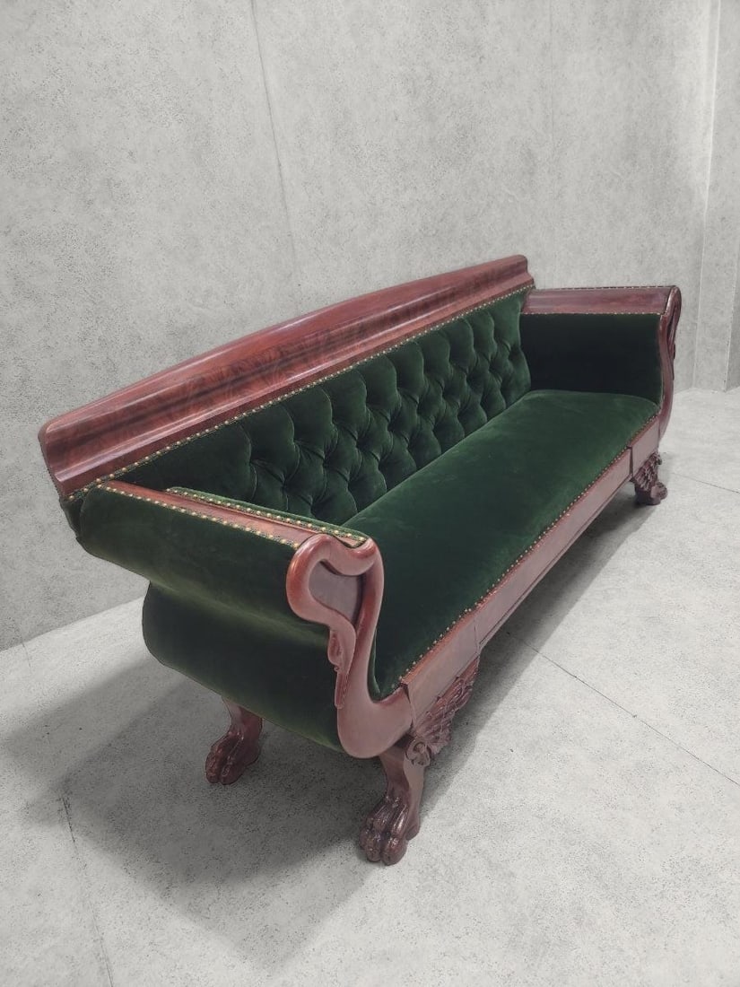 Antique Empire Style Swan Grecian Sofa Newly Reupholstered in a Green Velvet - 3