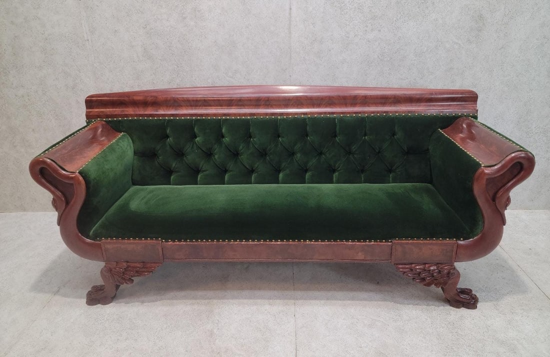 Antique Empire Style Swan Grecian Sofa Newly Reupholstered in a Green Velvet - 9