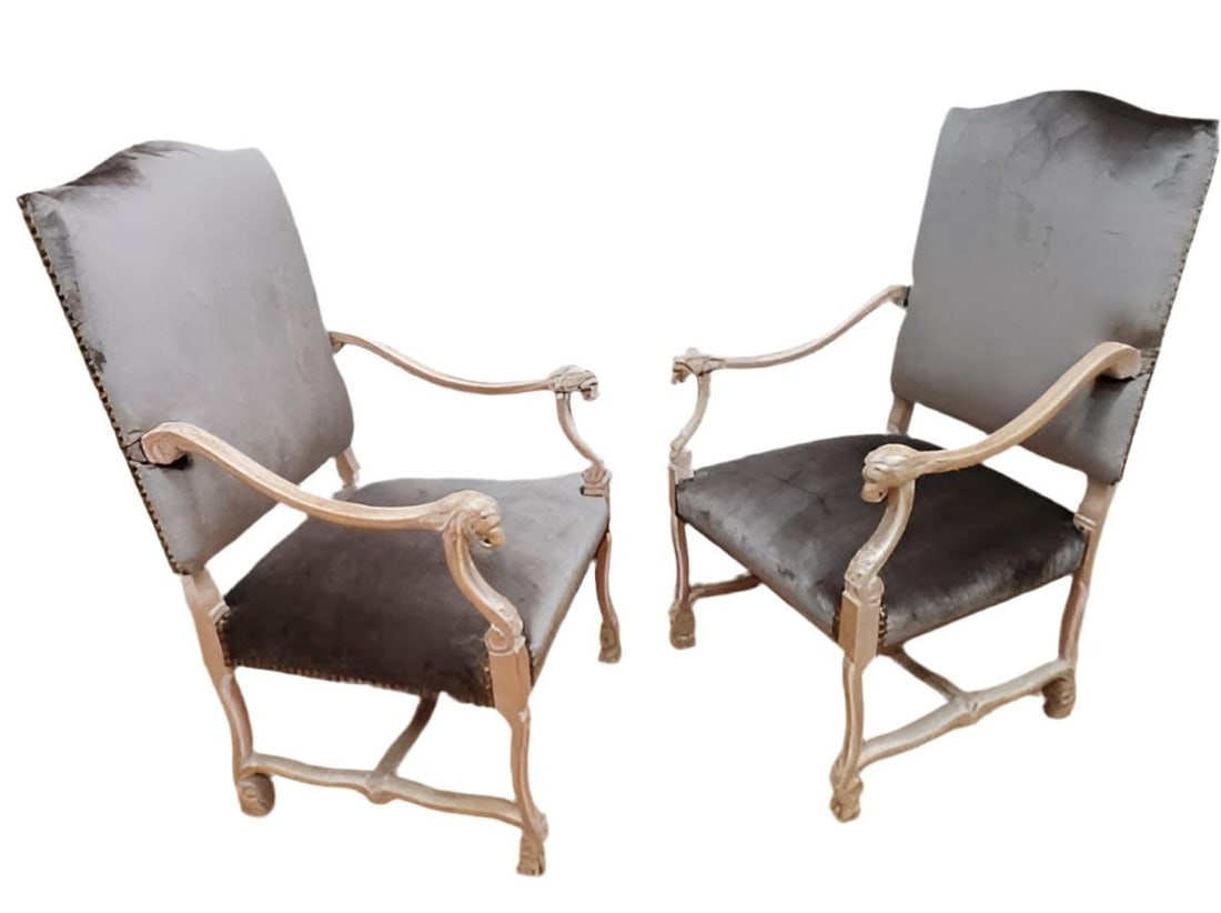 Antique French Carved Figural Chairs Newly Reupholstered - Pair - 3