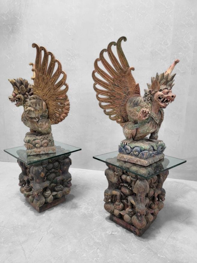 Antique Carved Polychromed Balinese Garuda Statues on Glass Top Side-Table/Pedestals - Set of 2 - 2